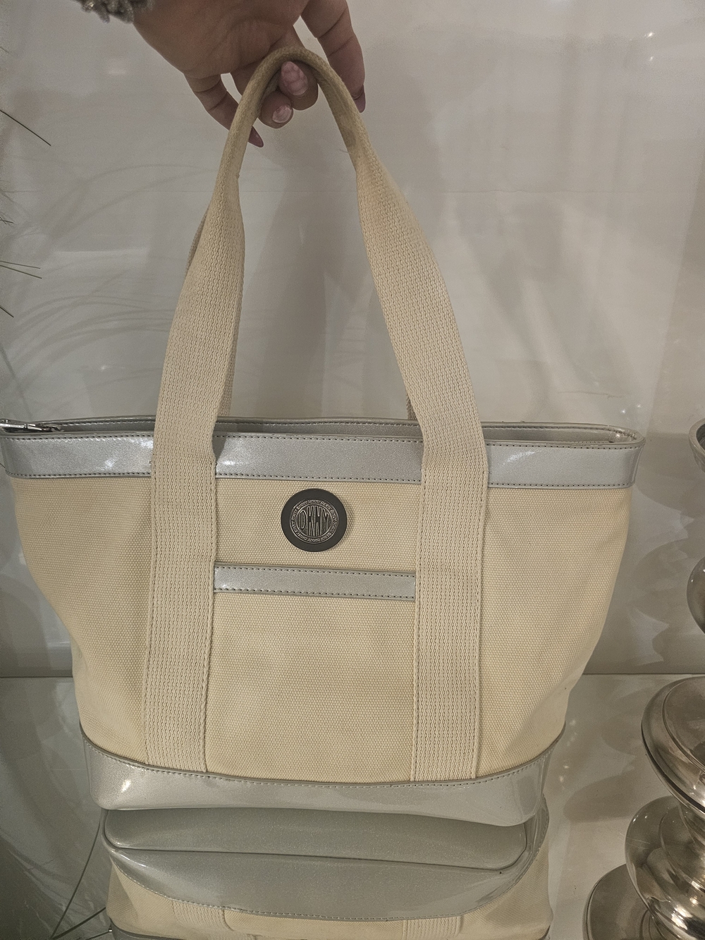 DKNY  Donna Karan NewYork Cream Canvas Tote with Silver Trim